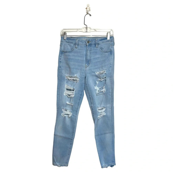 American Eagle Light Wash Distressed Super High Rise Crop Jeans 8 Women’s - Picture 1 of 13